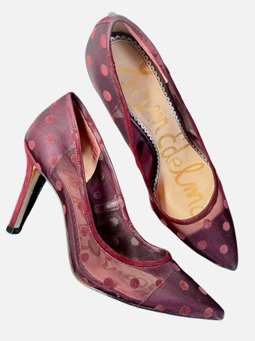 Sam Edelman Hazel Sheer Polka Dot Pointed Toe Heels in Burgundy Women’s 8